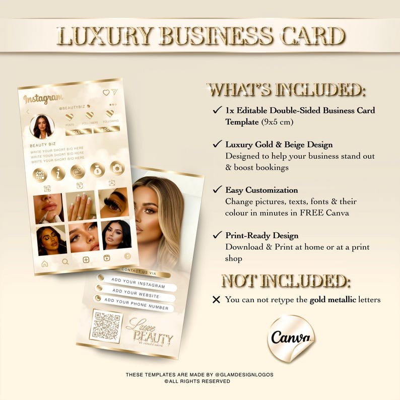 May include: A luxury business card template with a gold and beige design. The card features an Instagram layout, contact details, and the text "LUXURY BUSINESS CARD". The template is 9x5 cm.
