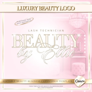 May include: A pink and gold logo template for a beauty business. The text reads "Luxury Beauty Logo", "Beauty by Ellie", and "Lash Technician". The design includes a beauty salon interior with a vanity, mirror, and a tufted stool. The Canva logo template is editable.