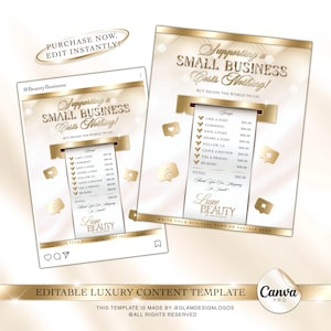 May include: A social media post template with a gold and white color scheme. The text reads "Supporting a Small Business Costs Nothing! But means the world to us!" with a list of actions and their corresponding monetary value. The template is designed for use on Instagram or other social media platforms.