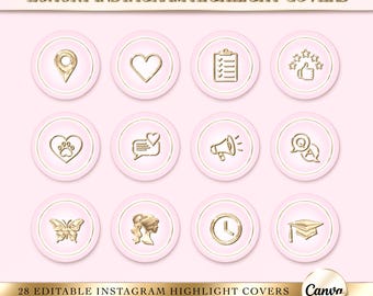 Capas de destaques luxuosas em dourado e rosa para Instagram, modelo Canva para beleza, ícone de destaque para salão de beleza, história do Instagram para lash designer e estética.