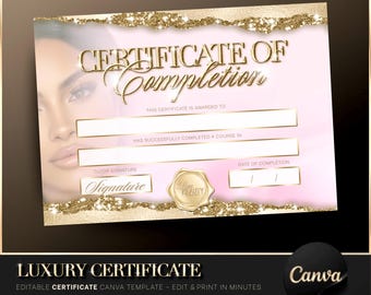 Luxury Gold & Pink Certificate Canva Template, Certificate of Completion, Training Academy, Printable Diploma, Beauty Academy Flyer