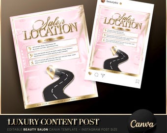 Luxury Gold & Pink Beauty Salon Location Template, Canva Template, Where To Find Us, Beauty Flyer, Beauty Post, Instagram Post Template