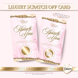 Peut inclure: Deux cartes à gratter roses et dorées "Merci" avec le texte "Luxury Scratch Off Card". Les cartes ont des accents dorés scintillants et le texte "Purchase Now, Edit Instantly!" est visible. Les cartes sont pour une entreprise de beauté.