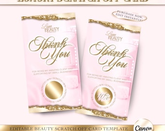Pode incluir: Dois cartões raspadinha rosa e dourados "Thank You" com o texto "Luxury Scratch Off Card". Os cartões têm detalhes dourados brilhantes e o texto "Purchase Now, Edit Instantly!" é visível. Os cartões são para um negócio de beleza.