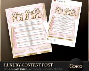 Luxury Gold & Pink Booking Policy, Canva Template, Beauty Salon Flyer, Cancellation Policy, Late Arrival Policy, Editable Beauty Post