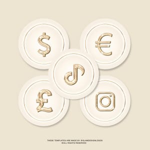 Pode incluir: Cinco designs circulares com &iacute;cones dourados sobre um fundo creme. Os &iacute;cones incluem um s&iacute;mbolo de d&oacute;lar, um s&iacute;mbolo de euro, uma nota musical, uma libra esterlina e um logotipo do Instagram. O texto na parte inferior diz "THESE TEMPLATES ARE MADE BY @GLAMDESIGNLOGOS &copy; ALL RIGHTS RESERVED."