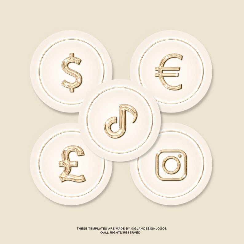 Pode incluir: Cinco designs circulares com &iacute;cones dourados sobre um fundo creme. Os &iacute;cones incluem um s&iacute;mbolo de d&oacute;lar, um s&iacute;mbolo de euro, uma nota musical, uma libra esterlina e um logotipo do Instagram. O texto na parte inferior diz "THESE TEMPLATES ARE MADE BY @GLAMDESIGNLOGOS &copy; ALL RIGHTS RESERVED."