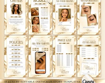 Luxury Gold & Beige Beauty Instagram Story Templates, Editable Salon Flyer Canva Template, Instagram Highlights, Lash Tech and Aesthetician