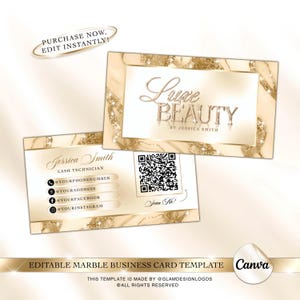 Luxury Marble Business Card Template, Gold Beige QR Code Business Card, Editable Two-Sided Beauty Salon Card, Nail, Lash, Hair, Makeup