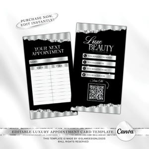 Luxe afspraakkaartsjabloon, bewerkbare canva QR-codeherinnering, zwart-zilveren QR-kaart schoonheidssalon voor Lash Tech, MUA, nagelstyliste, haar