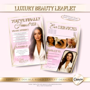 May include: Double-sided pink leaflet design for a beauty business. The leaflet features a woman in a white blazer, and lists services such as lash extensions and aesthetic injections. The text reads "Luxury Beauty Leaflet".