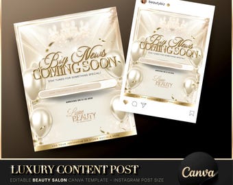 Luxury Gold & Beige Announcement Canva Template, Beauty Salon Flyer, Instagram Post, Launch Post, Coming Soon Flyer, New Treatment Flyer