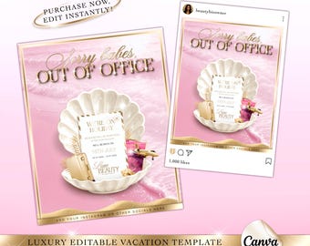 Pode incluir: Um modelo de férias rosa e dourado com o texto "Sorry babes, OUT OF OFFICE". O design inclui uma concha, bagagem e um avião em miniatura. O modelo é para Instagram e outras plataformas de mídia social.