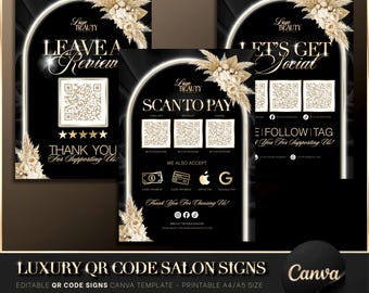 Luxury Gold & Black QR Code Sign Canva Template, Scan to Pay, Leave a Review, Let’s Get Social, Beauty Salon Decor, Editable QR Code Poster