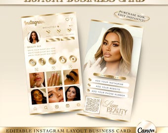 Carte de visite Instagram luxe dorée et beige, modèle beauté modifiable sur toile, carte de marque beauté QR Code, brochure technique et esthétique pour les cils