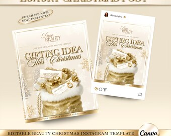 Luxury Gold & Beige Beauty Christmas Flyer, Editable Canva Template, Instagram Post, Beauty Template, Beauty Salon Flyer, Winter Offer Post