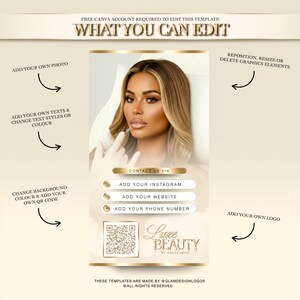 May include: A beauty business card template with a woman's portrait, contact details, and the text "What You Can Edit." The design includes space for a photo, text, and a QR code, with the business name "Luxe Beauty."