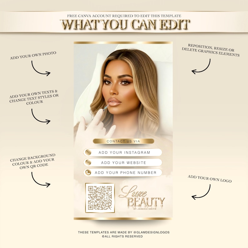 May include: A beauty business card template with a woman's portrait, contact details, and the text "What You Can Edit." The design includes space for a photo, text, and a QR code, with the business name "Luxe Beauty."