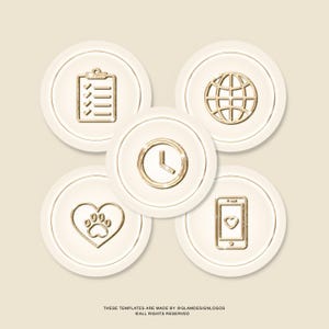 Pode incluir: Cinco designs circulares creme com &iacute;cones dourados: uma lista de verifica&ccedil;&atilde;o, um globo, um rel&oacute;gio, uma pegada em um cora&ccedil;&atilde;o e um smartphone com um cora&ccedil;&atilde;o. O texto na parte inferior diz: THESE TEMPLATES ARE MADE BY @GLAMDESIGNLOGOS &copy; ALL RIGHTS RESERVED.