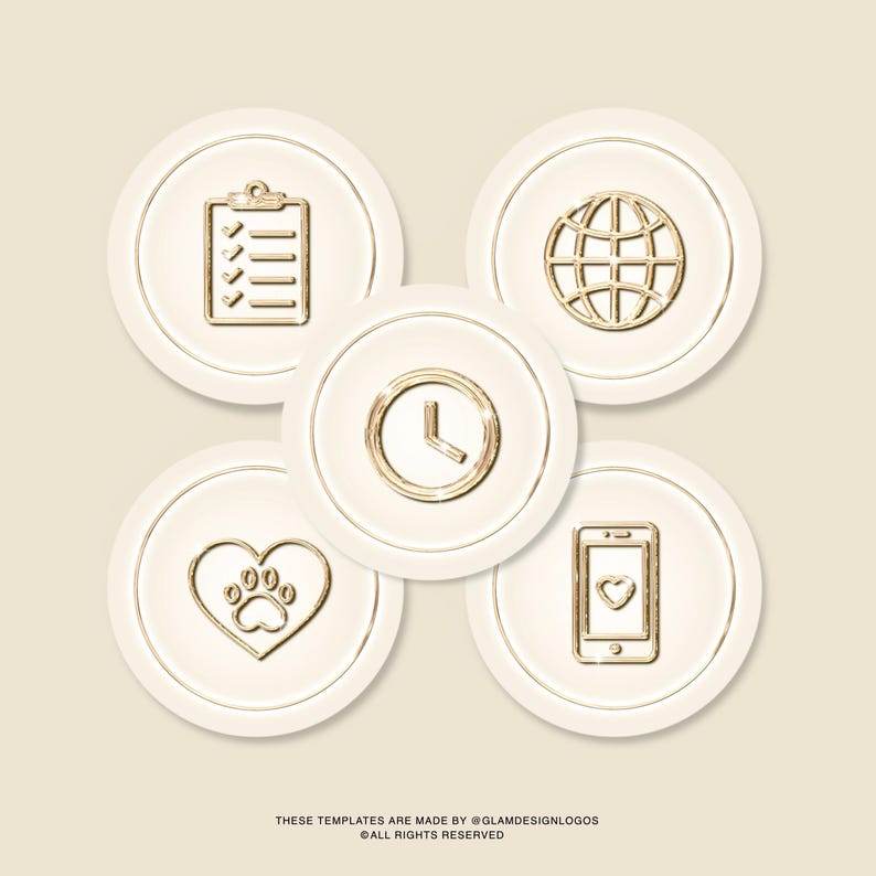Pode incluir: Cinco designs circulares creme com &iacute;cones dourados: uma lista de verifica&ccedil;&atilde;o, um globo, um rel&oacute;gio, uma pegada em um cora&ccedil;&atilde;o e um smartphone com um cora&ccedil;&atilde;o. O texto na parte inferior diz: THESE TEMPLATES ARE MADE BY @GLAMDESIGNLOGOS &copy; ALL RIGHTS RESERVED.