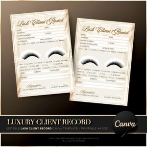 Op de afbeelding: Twee beige Lash Client Record-sjablonen met een vintage esthetiek. Elk formulier bevat velden voor klantinformatie, wimperstijl en servicegegevens. De onderste banner luidt "Luxury Client Record".