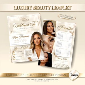 May include: A double-sided leaflet design with a gold and white color scheme. The leaflet promotes beauty services, including lash extensions and dermal fillers. It features images of women and includes text such as "Flyer Discount 25% OFF" and "Pricelist."