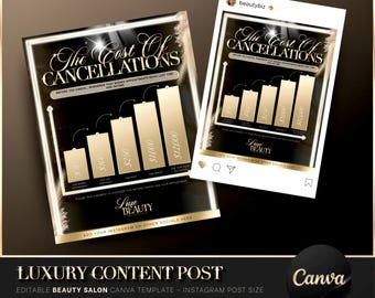 Luxury Gold & Black Cost of Cancellations Post, Canva Template, Beauty Salon Flyer, Monthly Budget, Policy Template, Editable Instagram Post