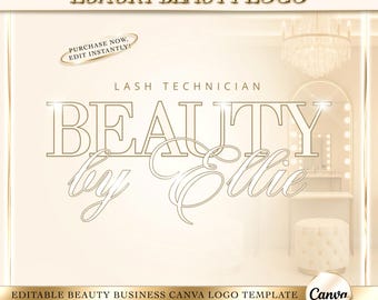 Luxury Gold & Beige Beauty Business Logo, Editable Canva Template, Premade DIY Salon, Lash, Hair, Nail, Makeup, Aesthetic Logo, Watermark