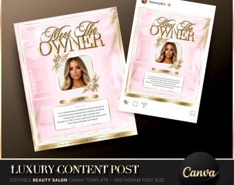Luxury Gold & Pink Meet the Owner Instagram Post, Canva Template, Beauty Salon Flyer, Editable Beauty Social Media, Lash Tech Template