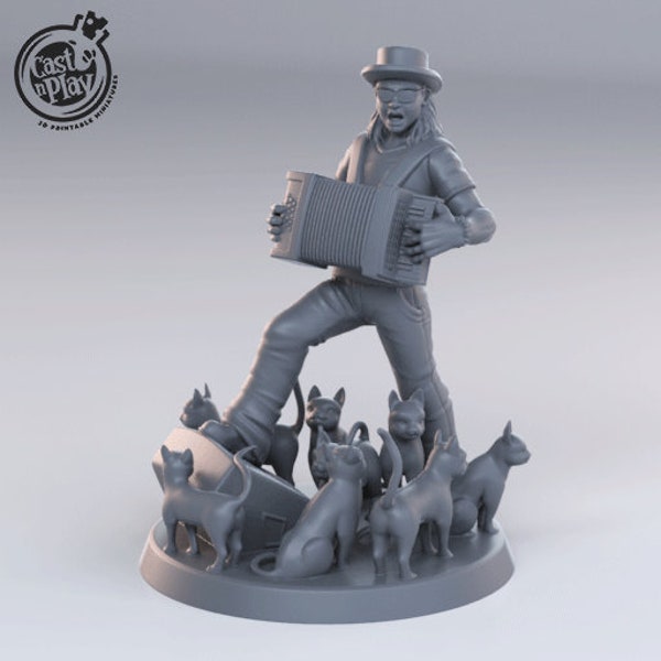 Human Male Carl Finch With Accordion and Cats - 3D Resin Print - D&D Pathfinder NPC Miniature