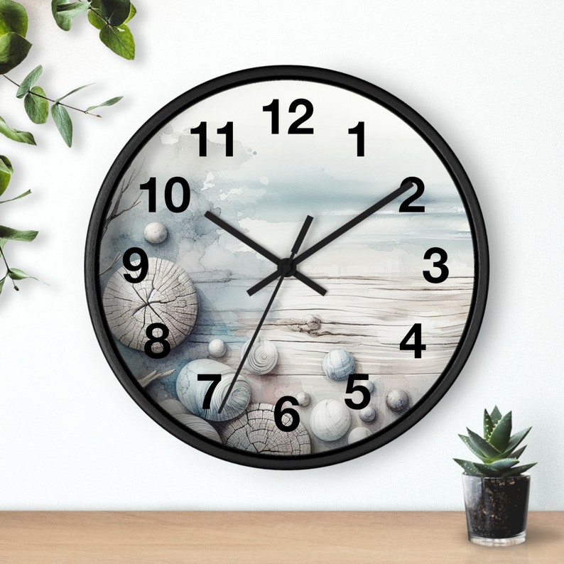 Reloj de pared de acuarela de madera rústica costal, reloj de pared único, reloj con números, 10 pulgadas, cronometraje inspirado en la naturaleza para su hogar imagen 2