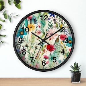 Floral Wildflower Wall Clock designed from painting. Clock Face shows 5 minute intervals.