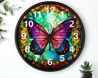 Stained Glass Butterfly Wall Clock, Wooden Wall Clock, Decorations, Gift Idea, Wall Clock Unique