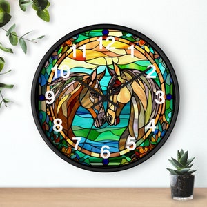 Horses Stained Glass Wall Clock, Equestrian-Inspired Timepiece, Vibrant Artistic Decor, Ideal Gift for Horse Lovers, Wall Clock Unique