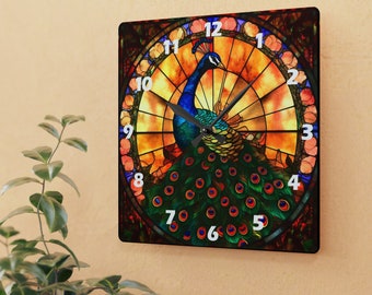 Stained Glass Peacock Acrylic Wall Clock: A Timepiece with Artistic Elegance, Artful Clocks, Wall Clock Unique