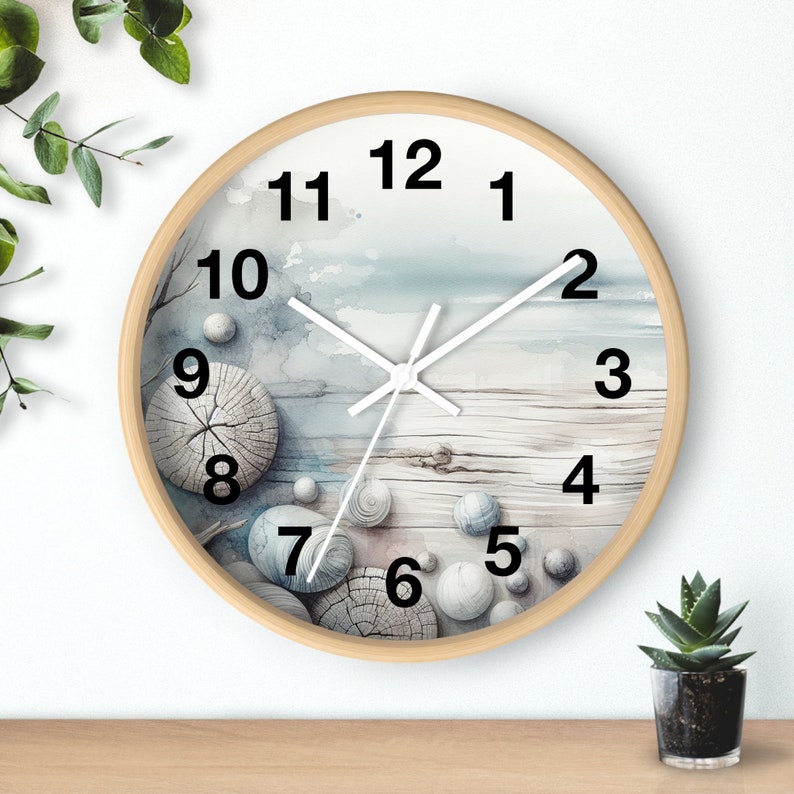 Reloj de pared de acuarela de madera rústica costal, reloj de pared único, reloj con números, 10 pulgadas, cronometraje inspirado en la naturaleza para su hogar imagen 6