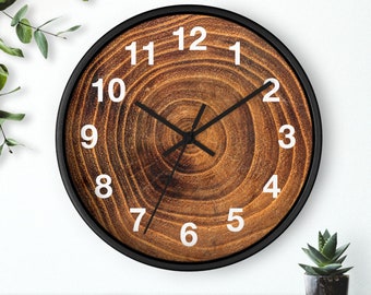 Aesthetic Natural Tree Ring Woodgrain Boho Chic Wall Clock, Wood Grain Home Office Plant Store Decor, Fast, Wall Clock Unique, Artful Clocks