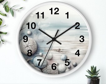 Reloj de pared de acuarela de madera rústica costal, reloj de pared único, reloj con números, 10 pulgadas, cronometraje inspirado en la naturaleza para su hogar