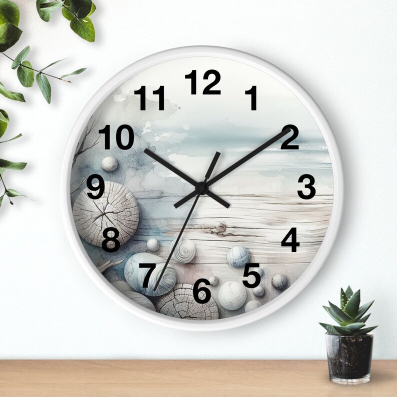 Reloj de pared de acuarela de madera rústica costal, reloj de pared único, reloj con números, 10 pulgadas, cronometraje inspirado en la naturaleza para su hogar imagen 1
