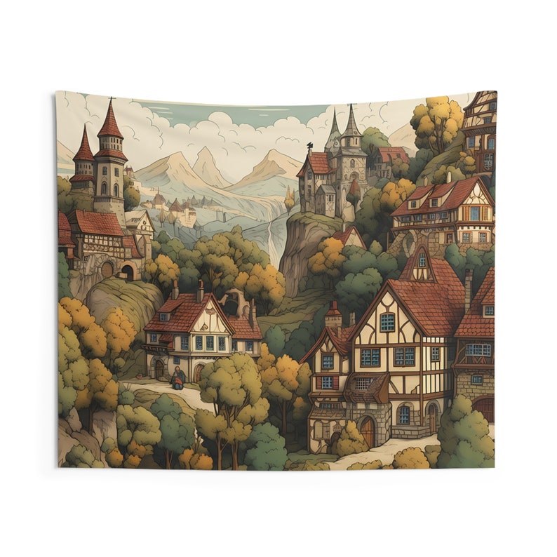 Medieval Village Tapestry, Historical Wall Art, Old World Landscape