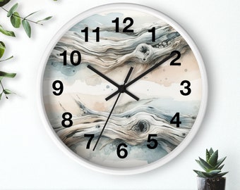 Orologio da parete ad acquerello in legno rustico costale, orologio da parete unico, orologio con numeri, 10 pollici, cronometraggio ispirato alla natura per la tua casa