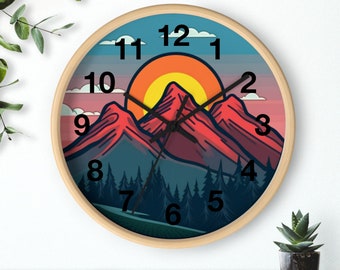 Reloj de pared analógico paisaje de montaña, regalo original para el hogar, decoración de la naturaleza, reloj de montaña, reloj de bosque, reloj de pared único, reloj de cocina