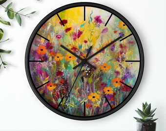 Horloge murale florale de fleurs sauvages, cadran indiquant des intervalles de 5 minutes, horloge murale unique