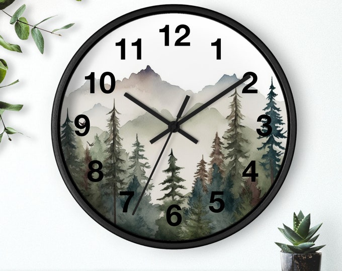 Watercolor Pine Trees and Mountains Wall Clock With Numbers, Foggy Forest Clock, Forest Wall Art, Woodland Theme Decor, Artful Clocks