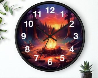 Campfire Wall Clock, Wooden Wall Clock, Unique Wall Clock, Wall Clock Unique