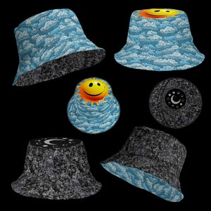 May include: Five different bucket hats with a variety of patterns. The hats are all blue and white with a cloud and sun design. One hat has a black and white moon and star design.