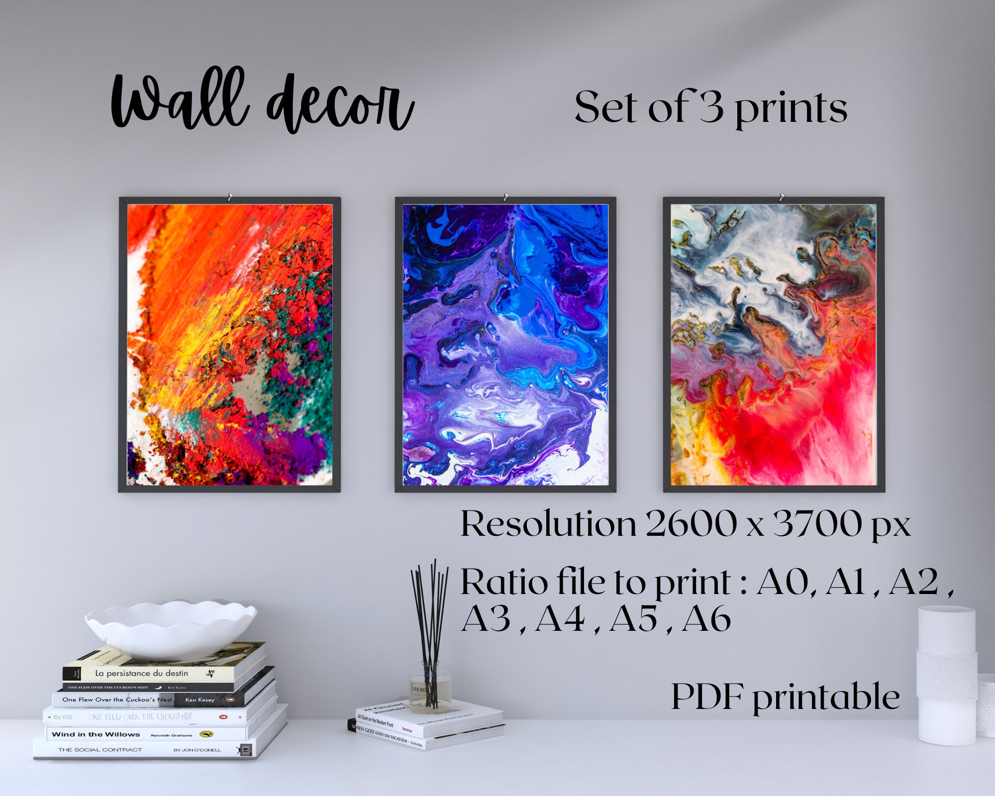 Wall Art Wall Decor Set of 3 Colorful Red Blue Etsy