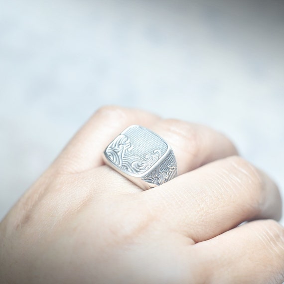 Square Wave Silver Signet Ring, Handcrafted Chunky Sterling