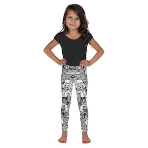 Kid&#39;s Leggings 2T-7 Black White Floral Rose Design Girls Leggings Youth Leggings Children Leggings Girls Yoga Pants Kids Gyms Leggings