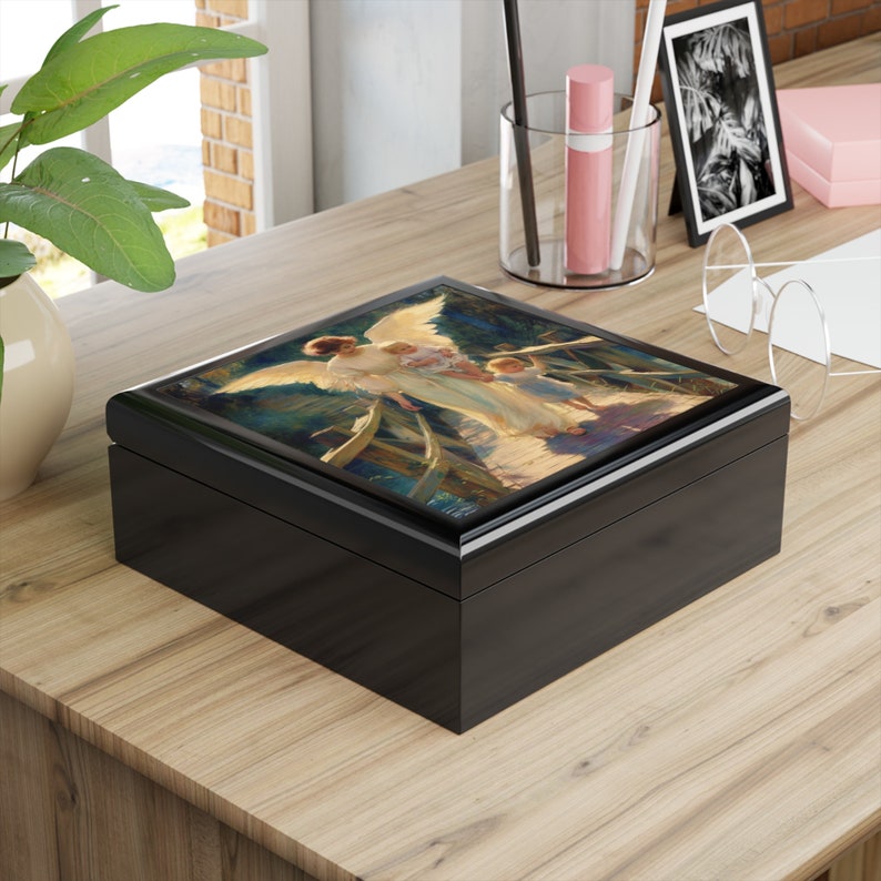 Carrying Angel Jewelry Box, Keepsake Box - Wood & Ceramic Tile Top ...